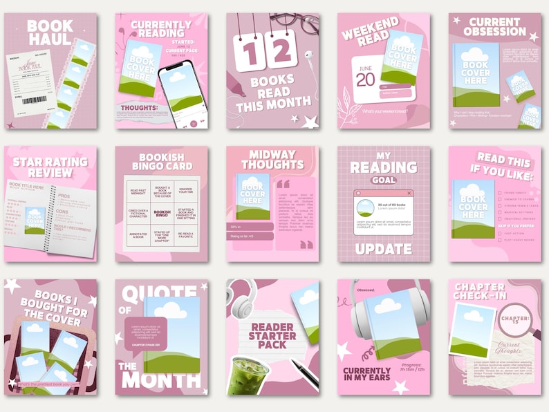 Bold pink aesthetic bookish carousel template bundle designed for Bookstagram content creators. Features viral-ready reading content including book haul, star rating review, and reading goal tracker slides. Fully customizable in Canva with drag and drop editing. Ideal for book lovers who want a cohesive trendy pink Instagram feed.