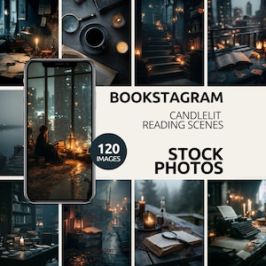 May include: A collage of images featuring cozy, candlelit reading scenes. The images include books, candles, and a smartphone displaying a person reading by a window. Text on the image reads "BOOKSTAGRAM CANDLELIT READING SCENES STOCK PHOTOS 120 IMAGES."