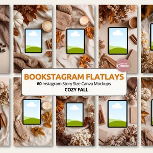Puede incluir: Una colección de maquetas de Canva de tamaño historia de Instagram con un tema otoñal acogedor. La imagen presenta tabletas con un diseño de paisaje, rodeadas de decoración temática de otoño como calabazas, hojas y tazas de café. El texto en la imagen dice "BOOKSTAGRAM FLATLAYS".