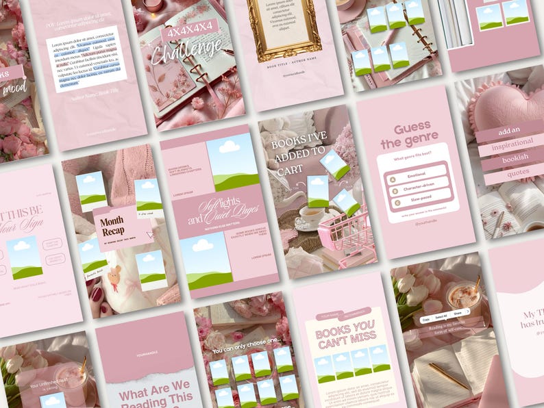 Romantic pink Bookstagram story template showcasing elegant typography, cozy book photography, and aesthetic reading-themed layouts. Perfect for sharing book reviews, favorite quotes, reading journal entries, and current reads on Instagram stories. Fully editable in Canva and designed for readers, literary influencers, book reviewers, and content creators looking to elevate their bookish branding with a soft feminine aesthetic.