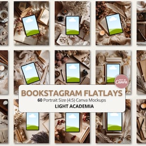 Op de afbeelding: Een verzameling van 12 gestileerde stockfoto's met tablets met een leeg scherm, omringd door boeken, bloemen en kaarsen. De tekst op de afbeelding luidt "BOOKSTAGRAM FLATLAYS" en "LIGHT ACADEMIA".