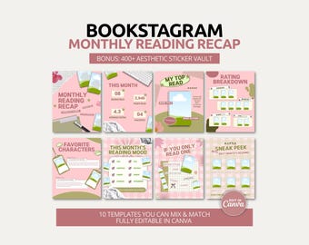 Monthly Reading Recap Canva Template Viral Bookstagram Instagram Post Bundle Pink Aesthetic Book Reviewer Content Kit Reading Journal Design