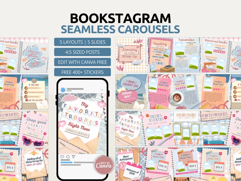 Pastel Bookstagram Seamless Instagram Carousel Template | Bookish Canva ...