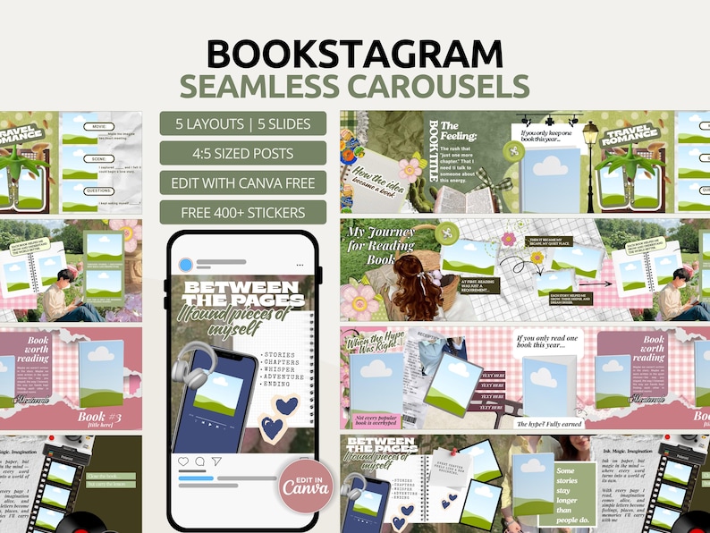 Bookstagram Booktok Bookish Seamless Carousel Canva Template Green ...
