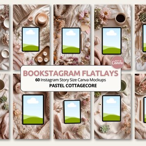 May include: A collection of ten mockups for Instagram stories, each featuring a tablet with a sky and grass background. The tablets are surrounded by pastel-colored decor, including flowers, candles, and coffee cups. Text on the image reads "BOOKSTAGRAM FLATLAYS".