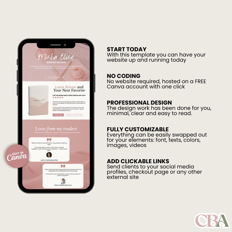 Editable Canva website design for romance authors and creatives
