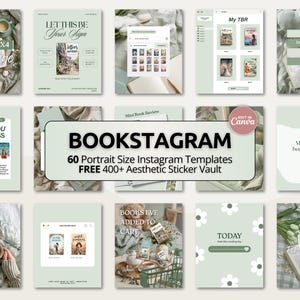 Könnte beinhalten: Eine Sammlung von 15 Instagram-Vorlagen in sanften Grün- und Weißtönen. Die Vorlagen sind für Bücherliebhaber konzipiert und enthalten Texte wie "Bookstagram", "Books You Can't Miss" und "My TBR pile has trust issues".