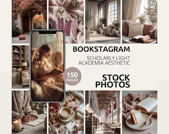 May include: A collage of images with a scholarly aesthetic. The central image is a woman reading a book on a phone screen. Text reads "BOOKSTAGRAM, SCHOLARLY LIGHT ACADEMIA AESTHETIC, STOCK PHOTOS, 150 IMAGES."