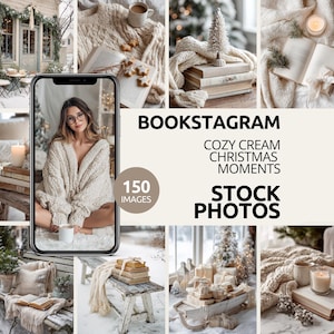 Könnte beinhalten: Eine Collage von gemütlichen, cremefarbenen Weihnachtsmomenten. Die Bilder zeigen eine Frau in einem cremefarbenen Pullover, Bücher, Kerzen und dekorative Elemente. Der Text auf dem Bild lautet "BOOKSTAGRAM COZY CREAM CHRISTMAS MOMENTS STOCK PHOTOS 150 IMAGES."