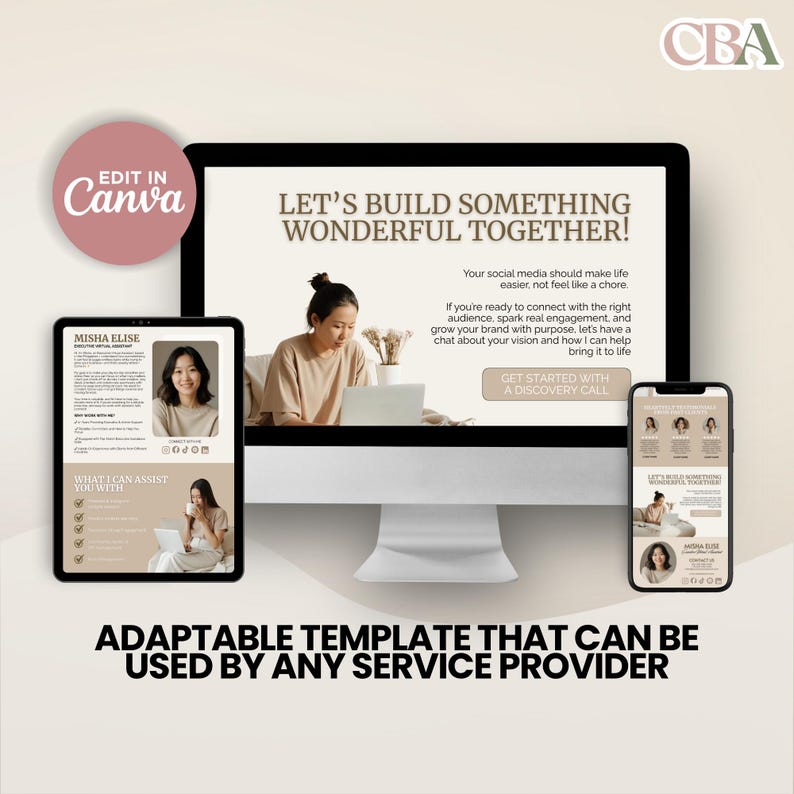 Canva landing page website template in beige tones – ideal for executive virtual assistants, digital marketers, and creative entrepreneurs.