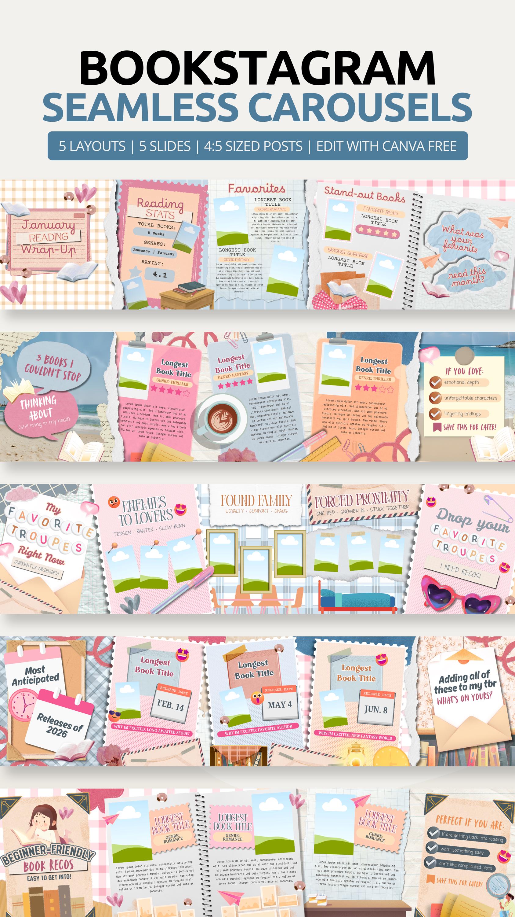 Pastel Bookstagram Seamless Instagram Carousel Template | Bookish Canva ...