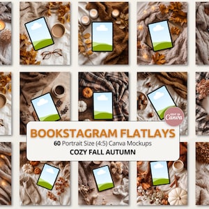 Puede incluir: Una colección de imágenes de estilo flat lay con tabletas con una pantalla verde y azul, rodeadas de decoración con temática otoñal. Las imágenes incluyen tazas de café, calabazas y hojas de otoño. El texto en la imagen dice "BOOKSTAGRAM FLATLAYS, COZY FALL AUTUMN."