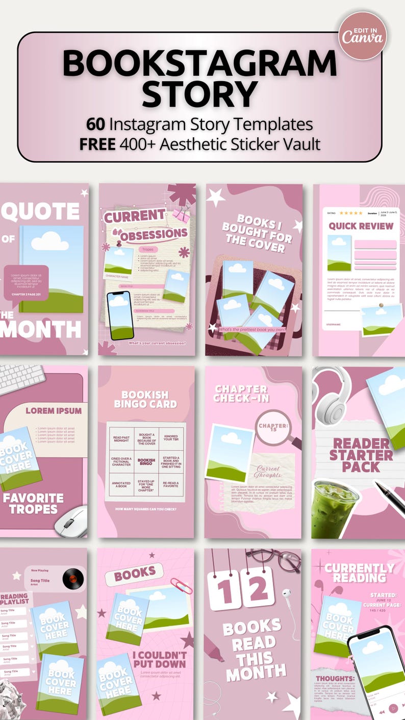 Trendy bold pink bookish story Canva bundle for Bookstagram creators, indie authors, and BookTok content creators. Features dear reader, scene I loved writing, thank you readers, and reader message highlights connection story templates. Bold pink and bubblegum tones create a vibrant energetic and scroll stopping Instagram story aesthetic presence. Fully editable in free Canva with 400 plus aesthetic pink stickers included for elevated story content creation.