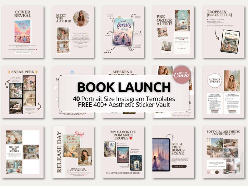 A dusty pink book launch template set featuring blush rose, soft taupe, and creamy neutral tones for a romantic and feminine aesthetic. This Canva bundle includes Instagram layouts for preorder alerts, release countdowns, and reader engagement posts. The soft pastel palette creates a cozy and polished atmosphere. Perfect for romance authors, indie writers, and aesthetic-focused book marketing.