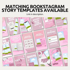 May include: A collection of digital social media story templates in shades of pink, white, and green. The templates feature text such as BOOK HAUL, BOOKS READ THIS MONTH, STAR RATING REVIEW, BOOKISH BINGO CARD, MIDWAY THOUGHTS, and READER STARTER PACK.