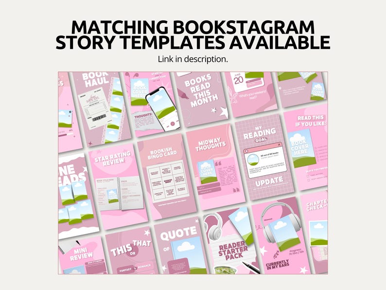 May include: A collection of digital social media story templates in shades of pink, white, and green. The templates feature text such as BOOK HAUL, BOOKS READ THIS MONTH, STAR RATING REVIEW, BOOKISH BINGO CARD, MIDWAY THOUGHTS, and READER STARTER PACK.