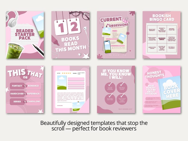 Trendy bookish Instagram carousel templates in bold pink for Bookstagram and BookTok content creators. Features hidden gems, worth the hype, read this if you like, and book quote post templates. Hot pink and blush color palette keeps your feed fresh, bold, and cohesive. Drag and drop editing in free Canva makes posting fast and effortless for all creators.