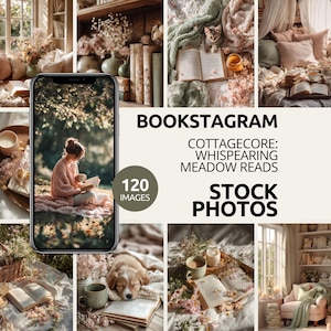 May include: A collage of images with a cozy, cottagecore aesthetic. The images include books, flowers, candles, and a person reading. The text "BOOKSTAGRAM" and "STOCK PHOTOS" are visible. The overall theme is reading and relaxation.