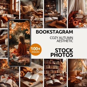 Può includere: Un collage di foto d'archivio a tema autunnale. Le immagini presentano scene accoglienti con libri, tazze di caffè e foglie autunnali. Il testo "BOOKSTAGRAM COZY AUTUMN AESTHETIC STOCK PHOTOS" è visibile. Le immagini hanno toni caldi.