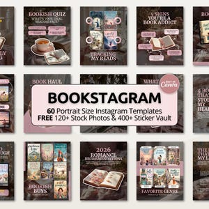 May include: A selection of Instagram templates for book enthusiasts, showcasing diverse book-related topics. The templates cover book recommendations, quizzes, and book swap concepts. The image also includes the text "BOOKSTAGRAM" and "60 Portrait Size Instagram Templates".