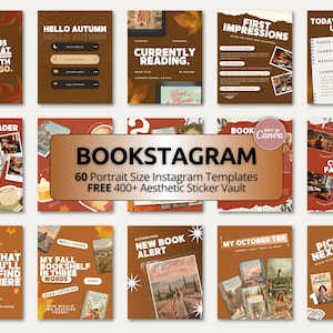 Peut inclure: Un ensemble de 60 modèles Instagram au format portrait pour les passionnés de lecture, avec des designs aux tons automnaux orange et marron. Les modèles incluent des textes comme BOOKSTAGRAM, CURRENTLY READING et NEW BOOK ALERT, ainsi que divers graphismes liés aux livres.