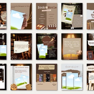 Bookish carousel templates designed with a soft academia and cozy library aesthetic. This Canva bundle includes reading mood trackers, currently reading posts, book discussion prompts, recommendation slides, and engagement templates. Rich brown tones, vintage paper details, classic books, and warm reading corner imagery create a timeless look. Perfect for Bookstagram, BookTok, reading journals, and book lover content creators.