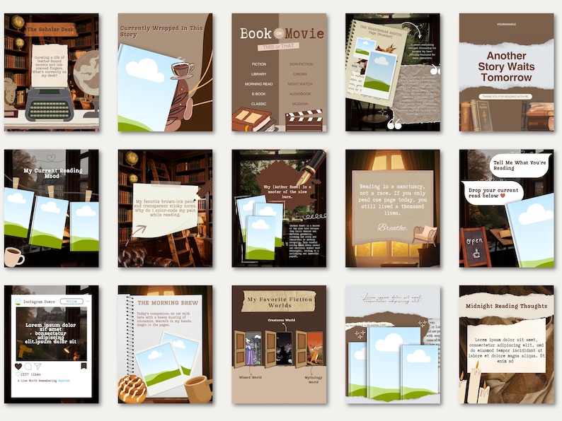 Bookish carousel templates designed with a soft academia and cozy library aesthetic. This Canva bundle includes reading mood trackers, currently reading posts, book discussion prompts, recommendation slides, and engagement templates. Rich brown tones, vintage paper details, classic books, and warm reading corner imagery create a timeless look. Perfect for Bookstagram, BookTok, reading journals, and book lover content creators.