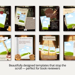 Bookstagram carousel templates featuring vintage scrapbook layouts and cozy brown aesthetics. Designed with old books, reading journals, coffee cups, warm lighting, and literary-inspired decor. Perfect for showcasing current reads, favorite fiction worlds, trusted authors, emotional book reactions, and community conversations. Fully editable in Canva and ideal for readers looking to elevate their social media content.