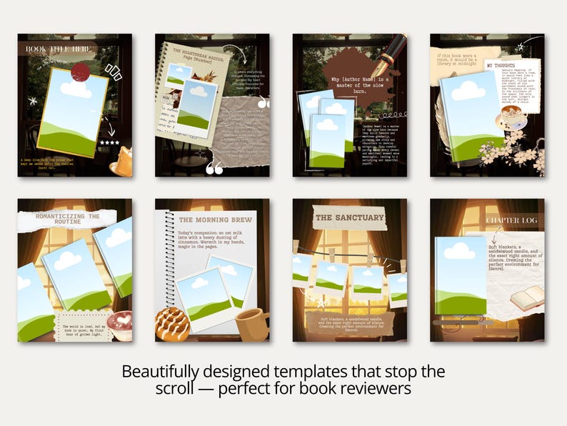 Bookstagram carousel templates featuring vintage scrapbook layouts and cozy brown aesthetics. Designed with old books, reading journals, coffee cups, warm lighting, and literary-inspired decor. Perfect for showcasing current reads, favorite fiction worlds, trusted authors, emotional book reactions, and community conversations. Fully editable in Canva and ideal for readers looking to elevate their social media content.