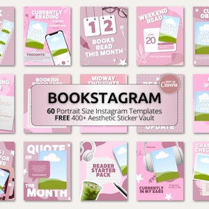 May include: A collection of sixty pink-themed Instagram templates for book enthusiasts, featuring various layouts for book reviews, reading lists, and quotes. The central text reads BOOKSTAGRAM 60 Portrait Size Instagram Templates FREE 400+ Aesthetic Sticker Vault.