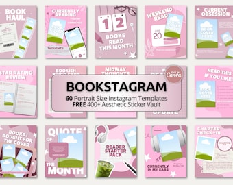 May include: A collection of sixty pink-themed Instagram templates for book enthusiasts, featuring various layouts for book reviews, reading lists, and quotes. The central text reads BOOKSTAGRAM 60 Portrait Size Instagram Templates FREE 400+ Aesthetic Sticker Vault.