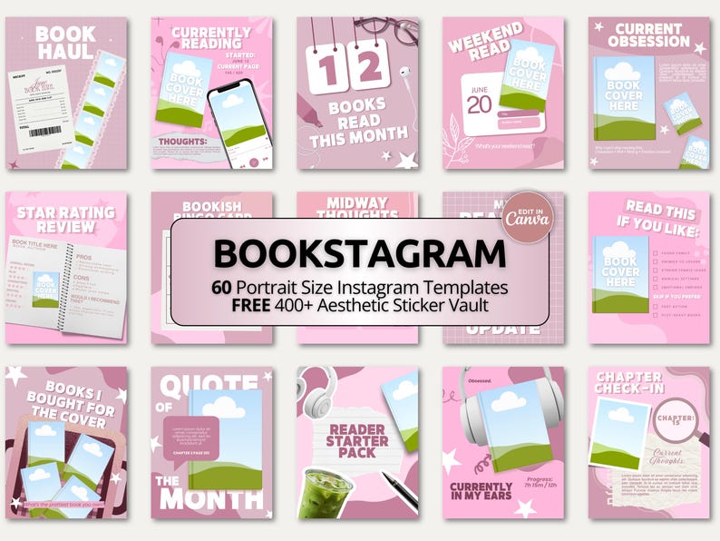 Trendy bold pink bookish Canva carousel templates for Bookstagram and BookTok creators. Includes book review, reading tracker, TBR, and engagement post templates. Fully editable in Canva free version at 1080x1350px. Perfect for romance readers, book bloggers, and indie authors building an aesthetic feed.
