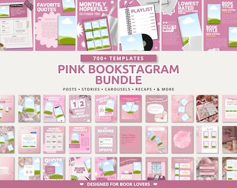 May include: A digital collection of over 700 pink-themed social media templates for book enthusiasts. The bundle includes various layouts for posts, stories, and carousels featuring text like PINK BOOKSTAGRAM BUNDLE, FAVORITE QUOTES, and MONTHLY HOPEFULS.