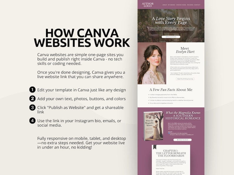 Book Author Website Canva Template, One Page Website for Authors Book ...