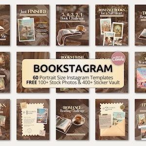 Op de afbeelding: Een verzameling van 60 Instagram-sjablonen in portretformaat genaamd BOOKSTAGRAM, met meer dan 100 stockfoto's en 400 stickers. De sjablonen tonen diverse lay-outs met boeken, tekst, open boeken en koffiekopjes in bruine tinten.