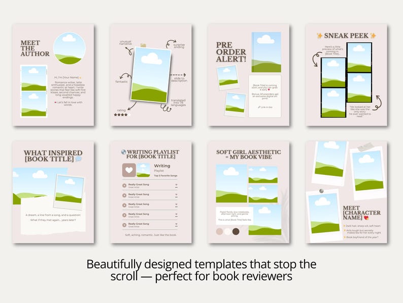 A romantic dusty pink Canva template set for book promotion featuring soft blush backgrounds, taupe accents, and delicate editorial styling. Designed for authors and content creators, these layouts work beautifully for launch graphics, preorder campaigns, and teaser posts. The pastel palette creates a timeless and inviting atmosphere. Perfect for contemporary romance and women’s fiction marketing.