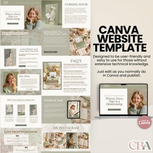 Canva landing page template for self-published authors, displayed in soft sage green and beige with aesthetic, scrollable layout.