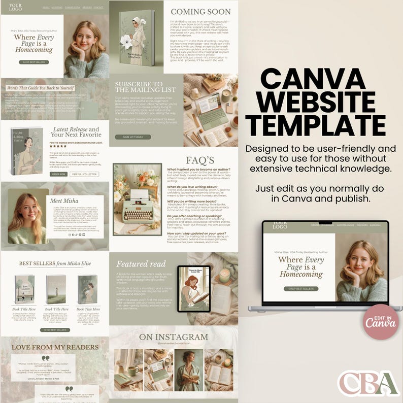 Canva landing page template for self-published authors, displayed in soft sage green and beige with aesthetic, scrollable layout.