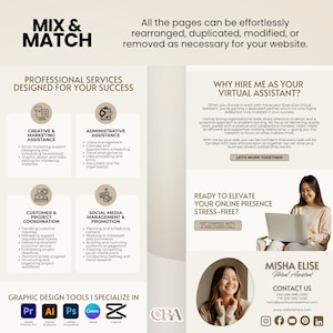 Professional beige-themed virtual assistant website template, fully editable in Canva, designed for freelancers and creative entrepreneurs.