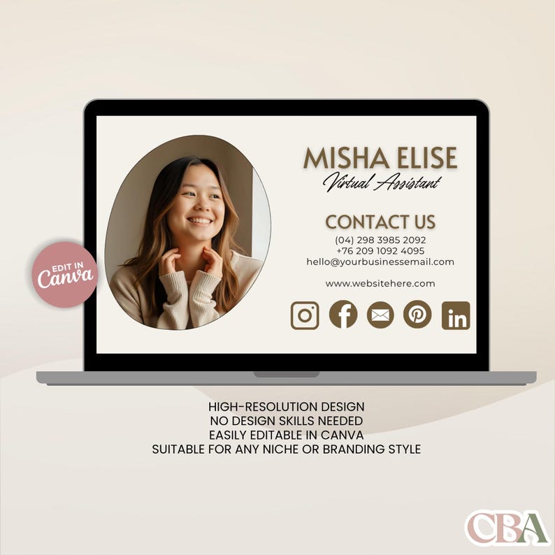 Soft beige Canva landing page and portfolio website template perfect for showcasing VA services, offers, and client testimonials.
