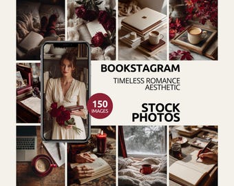 May include: A collage of images with a romantic, aesthetic theme. The central image is a woman holding flowers and a book. Other images include books, coffee, a laptop, and the text "BOOKSTAGRAM, TIMELESS ROMANCE AESTHETIC, STOCK PHOTOS."