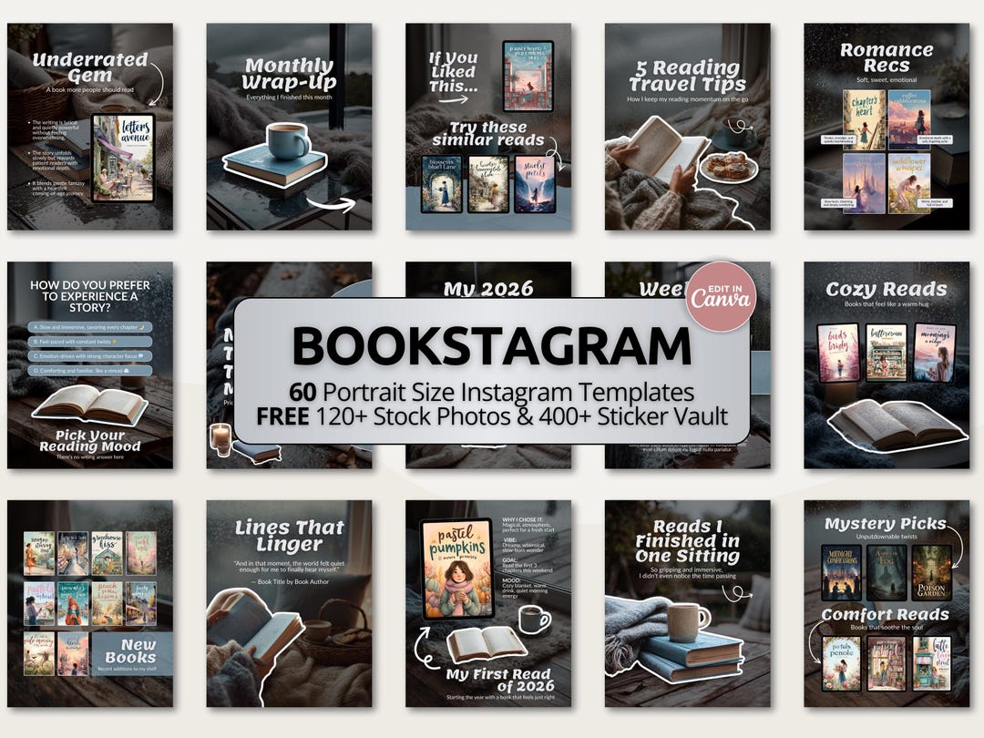 Cozy Blue Gray Bookish Carousel Template | Trendy Canva Posts for ...