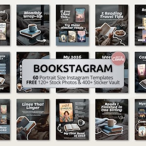 Peut inclure: Ensemble de modèles Instagram sur le thème des livres, avec des couvertures de livres, des tasses et des scènes de lecture. Les modèles incluent des textes tels que "Underrated Gem" et "Cozy Reads". Idéal pour les réseaux sociaux.