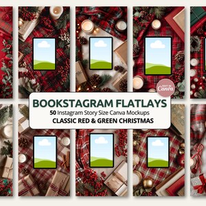 May include: A series of Christmas-themed flatlay mockups with tablets displaying a cloud and grass design. The backgrounds feature red and green tartan, gifts, candles, and festive decorations. Text reads "BOOKSTAGRAM FLATLAYS" and "CLASSIC RED & GREEN CHRISTMAS."