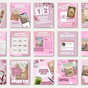 Bookstagram carousel Canva template pack in a trendy bold pink color palette for reading content creators. Includes midway thoughts, chapter check-in, current read, and monthly archive templates. Editable in free Canva with beginner friendly drag and drop tools. Perfect for BookTok creators and romance readers growing their audience online.