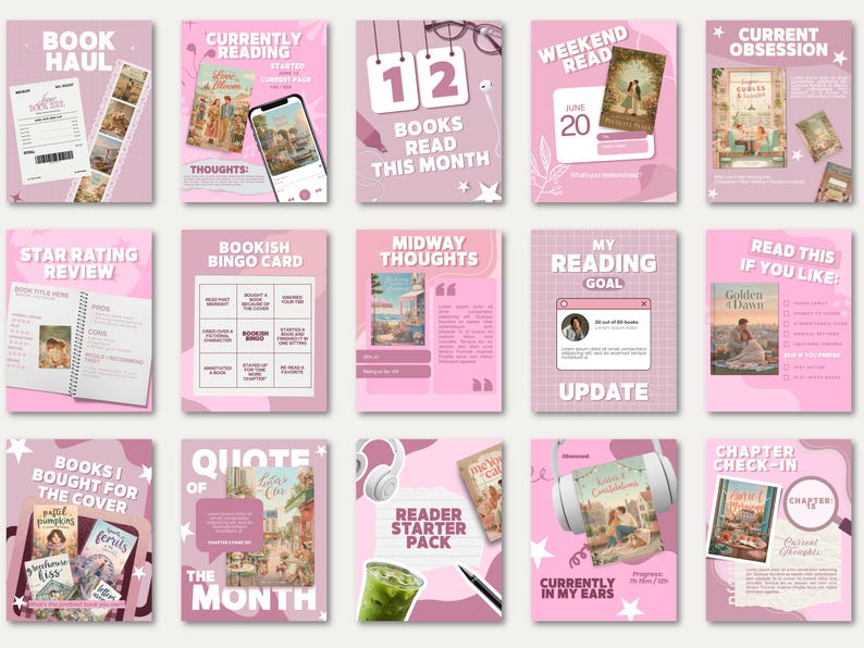 Bookstagram carousel Canva template pack in a trendy bold pink color palette for reading content creators. Includes midway thoughts, chapter check-in, current read, and monthly archive templates. Editable in free Canva with beginner friendly drag and drop tools. Perfect for BookTok creators and romance readers growing their audience online.