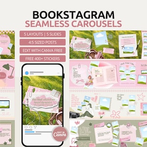 May include: A digital design template for Instagram, featuring a pink and green color scheme. The design includes layouts, slides, and stickers, with text that reads "BOOKSTAGRAM SEAMLESS CAROUSELS" and "EDIT WITH CANVA FREE".