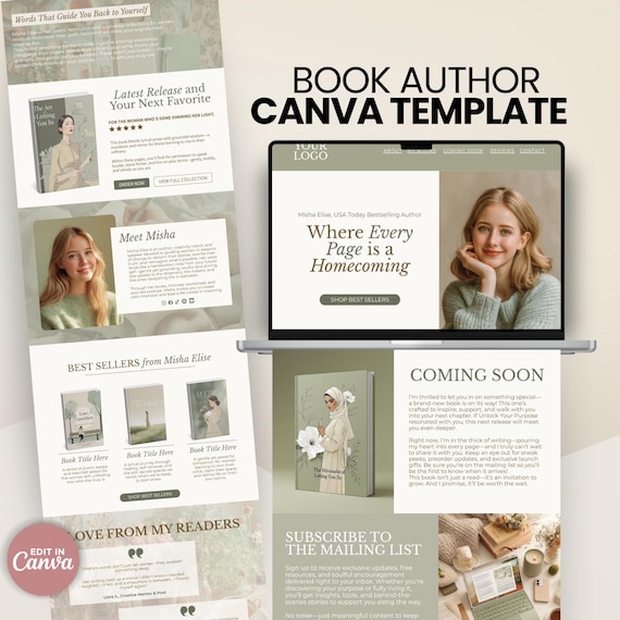 Book Author Website Canva Template, One Page Website for Authors Book Launch Template Author Branding Writer Website Design Writer Portfolio