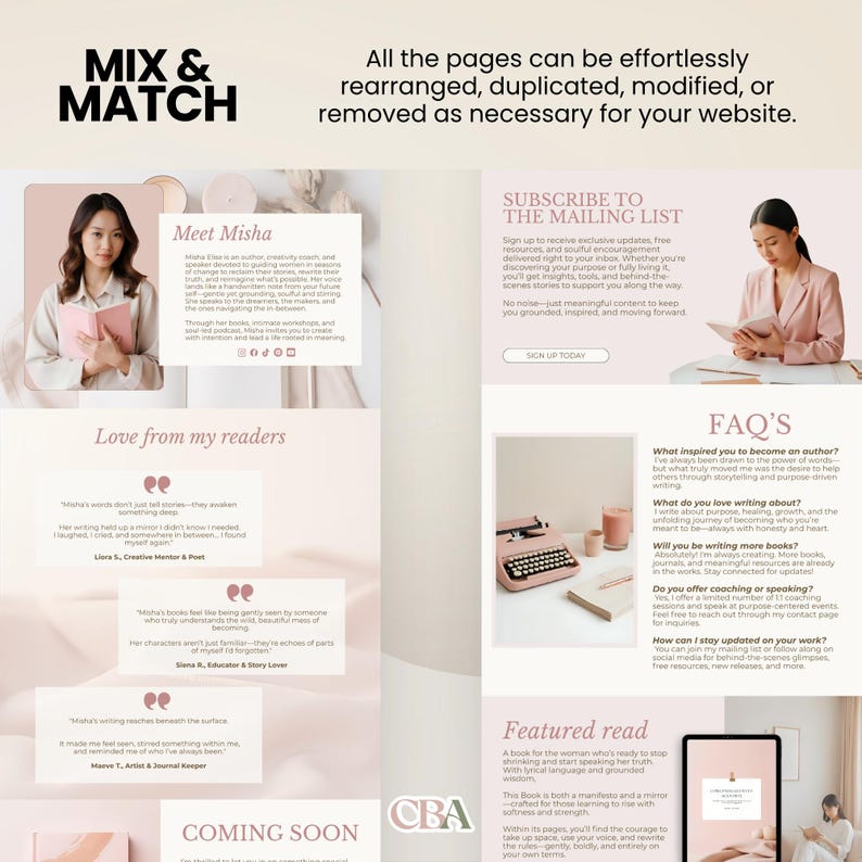 Personal branding website template for fiction or nonfiction authors, created in Canva.