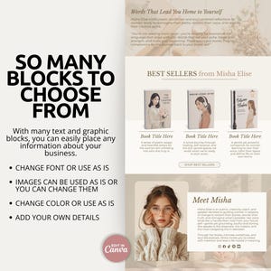 This Canva author website template features a warm, neutral color scheme of soft beige, taupe, and cream tones paired with elegant serif typography and cozy lifestyle photography. Designed for romance and fiction authors, it includes a hero banner, an author intro section, a best sellers showcase, and a featured read section with a device mockup. Reader testimonials and a coming soon teaser build anticipation for your next release. Everything is editable in Canva, no coding required.